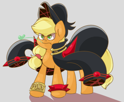 Size: 600x494 | Tagged: dead source, safe, artist:koportable, applejack, earth pony, pony, g4, bracelet, clothes, coat, crossover, female, frown, goku uniform, gray background, hat, jewelry, kill la kill, mako mankanshoku, mare, simple background, solo, spiked wristband, straw in mouth, wristband