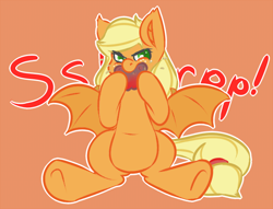 Size: 600x459 | Tagged: safe, artist:koportable, applejack, bat pony, pony, g4, apple, apple juice, applebat, bat ponified, biting, feeding, female, food, juice, looking at you, mare, onomatopoeia, orange background, race swap, simple background, sitting, slit pupils, solo, spread wings, sucking, underhoof, wings