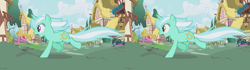 Size: 2560x720 | Tagged: safe, edit, edited screencap, screencap, lyra heartstrings, pony, unicorn, applebuck season, g4, comparison, female, mare, ponyville, running, scared, solo