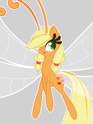 Size: 500x666 | Tagged: safe, artist:koportable, applejack, breezie, g4, it ain't easy being breezies, applebreezie, breeziefied, female, gray background, hair over one eye, looking at you, open mouth, open smile, simple background, smiling, solo, species swap