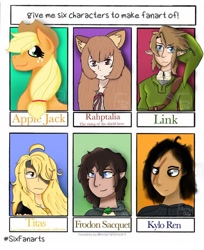 Size: 1080x1323 | Tagged: safe, artist:droletfanny, applejack, earth pony, human, pony, g4, bust, clothes, crossover, elf ears, eye scar, eyelashes, eyepatch, female, freckles, frodo baggins, hat, hobbit, kylo ren, link, lord of the rings, male, mare, scar, six fanarts, smiling, star wars, the legend of zelda, the rising of the shield hero