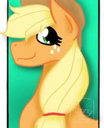 Size: 1080x1323 | Tagged: safe, alternate version, artist:droletfanny, applejack, earth pony, pony, g4, bust, eyelashes, female, freckles, gradient background, hat, mare, smiling, solo, watermark