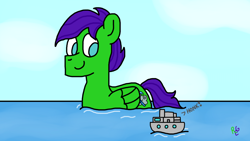 Size: 1366x768 | Tagged: safe, artist:raulixevergreen, oc, oc:raulix evergreen, pegasus, pony, boat, cute, day, giant pegasus, giant pony, honk, macro, mega giant, ocean, swimming