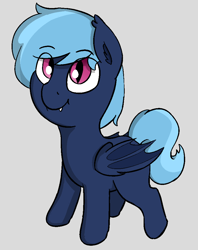 Size: 786x991 | Tagged: safe, artist:heretichesh, oc, oc only, oc:midnight harmony, bat pony, pony, bat pony oc, bat wings, ear fluff, ear tufts, eye clipping through hair, eyebrows, eyebrows visible through hair, fangs, female, filly, foal, folded wings, full body, gray background, hooves, simple background, slit pupils, smiling, solo, standing, tail, two toned mane, two toned tail, wings