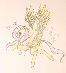 Size: 2574x2855 | Tagged: safe, artist:soramono_skyer, fluttershy, butterfly, pegasus, pony, g4, flying, high res, traditional art