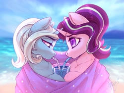 Size: 2048x1536 | Tagged: safe, artist:amishy, starlight glimmer, trixie, pony, unicorn, g4, beach, bedroom eyes, blanket, drinking, duo, duo female, female, juice, lesbian, mare, ocean, sharing a drink, ship:startrix, shipping, straw, thick eyebrows