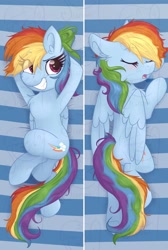 Size: 1280x1908 | Tagged: safe, artist:lbrcloud, rainbow dash, pony, g4, backwards cutie mark, blushing, body pillow, body pillow design, chest fluff, cute, dashabetes, ear fluff, eyes closed, female, hooves behind head, lightly watermarked, on back, open mouth, prone, sleeping, smiling, solo, watermark