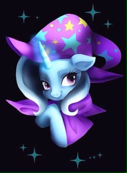 Size: 503x683 | Tagged: safe, artist:hosikawa, trixie, pony, unicorn, g4, black background, cape, clothes, female, hat, horn, magic, simple background, smiling, solo, trixie's cape, trixie's hat