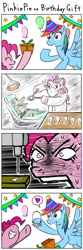 Size: 400x1200 | Tagged: safe, artist:bikkurimoon, gummy, pinkie pie, rainbow dash, g4, balloon, birthday, comic, dentist, digital art, japanese, jewelry, necklace, present, translation request