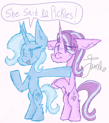Size: 800x900 | Tagged: safe, artist:php163, derpibooru exclusive, starlight glimmer, trixie, pony, unicorn, g4, beanbrows, big ears, bipedal, chest fluff, colored sketch, dialogue, ear fluff, eyebrows, female, frown, hoof fluff, lesbian, mare, meme, open mouth, ship:startrix, shipping, signature, simple background, simple shading, sketch, speech bubble, standing on two hooves