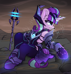 Size: 1490x1574 | Tagged: safe, artist:hitbass, starlight glimmer, unicorn, semi-anthro, g4, arm hooves, armor, clothes, cyberpunk, female, force field, gritted teeth, magic, s5 starlight, sitting, solo, staff, technology, teeth