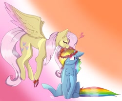 Size: 1280x1065 | Tagged: safe, artist:neonvitus, fluttershy, rainbow dash, g4, abstract background, chest fluff, colored wings, colored wingtips, duo, eyes closed, female, floral head wreath, flower, flying, hair over one eye, heart, lesbian, mare, mouth hold, ship:flutterdash, shipping, signature