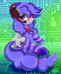 Size: 2500x3000 | Tagged: safe, artist:liquorice_sweet, oc, oc only, oc:cinnabyte, adorkable, bandana, cinnabetes, clothes, commission, cute, dork, gaming headset, glasses, headphones, headset, high res, silly, socks, striped socks, tongue out