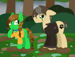 Size: 2219x1685 | Tagged: safe, artist:dyonys, oc, oc:lucky brush, oc:night chaser, earth pony, pony, blouse, choker, clothes, female, freckles, husband and wife, jacket, laughing, luckychaser, male, mare, mud, scar, show accurate, stallion, wet