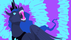 Size: 2000x1125 | Tagged: safe, artist:dipledapper, princess luna, alicorn, pony, g4, abstract background, angry, cheek fluff, colored sclera, ear fluff, fangs, female, glare, glowing eyes, mare, nightmare luna, rage, roar, solo, spread wings, traditional royal canterlot voice, uvula, wings