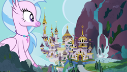 Size: 3840x2160 | Tagged: safe, artist:dashiesparkle edit, edit, editor:jaredking779, silverstream, classical hippogriff, hippogriff, g4, canterlot, canterlot castle, female, giant griffon, giant hippogriff, giant/macro hippogriff, giga giant, gigastream, high res, jewelry, macro, necklace, sitting, vector