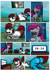 Size: 2523x3570 | Tagged: safe, artist:khaki-cap, oc, oc:khaki-cap, oc:zjin-wolfwalker, earth pony, pony, zebra, comic:comically different mishaps, boxers, butt, clock, clothes, commissioner:buffaloman20, dock, earth pony oc, extra thicc, high res, house, implied tail hole, jean thicc, jeans, mocking, pants, plot, presenting, struggle, the ass was fat, underwear, zebra oc