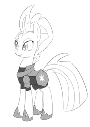 Size: 496x698 | Tagged: safe, artist:sintakhra, fizzlepop berrytwist, tempest shadow, pony, unicorn, tumblr:studentsix, g4, armor, broken horn, clothes, colorless, cropped, cute, female, horn, mare, monochrome, shoes, simple background, smiling, solo, tumblr, when she smiles, white background