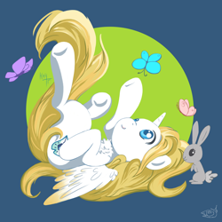 Size: 3000x3000 | Tagged: safe, artist:kchche, oc, oc:sweetie shy, alicorn, butterfly, pony, rabbit, animal, aninals, cute, fluffy, happy, high res, on back, simple background, smiling, wings, wings down