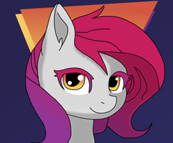 Size: 3000x2476 | Tagged: artist needed, safe, ai assisted, ai content, derpibooru exclusive, generator:thisponydoesnotexist, pony, abstract background, ai interpretation, bust, calm, colored eyelashes, gradient mane, gray coat, high res, looking at you, portrait, redraw, reference in the source, smiling, smiling at you, solo