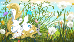 Size: 4000x2249 | Tagged: safe, artist:kchche, oc, oc:sweetie shy, alicorn, butterfly, pony, rabbit, animal, complex background, cottagecore, cute, flower, fluffy, grass, lying down, on back, peaceful, pony oc, smiling, summer, wings, wings down