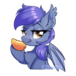 Size: 1500x1500 | Tagged: safe, artist:ravistdash, oc, oc only, bat pony, pony, cheek fluff, ear fluff, food, looking at you, mango, simple background, smiling, smirk, solo, that face, transparent background, underhoof, watermark