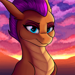 Size: 3000x3000 | Tagged: safe, artist:fuwa, smolder, dragon, g4, blue eyes, dragoness, evening, female, high res, horns, looking at you, smiling, solo