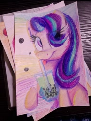 Size: 1536x2048 | Tagged: safe, artist:lbrcloud, starlight glimmer, pony, unicorn, g4, eye clipping through hair, female, hair over one eye, juice, solo, straw, tongue out, traditional art