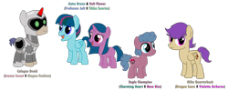 Size: 5429x2175 | Tagged: safe, artist:shadymeadow, oc, oc only, oc:aztec drone, oc:cologne droid, oc:eagle champion, oc:mike quarterback, oc:volt flower, earth pony, pegasus, pony, unicorn, colt, female, filly, male, simple background, transparent background