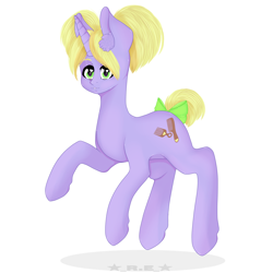 Size: 3840x3840 | Tagged: safe, artist:rise_of_evil_69, oc, oc only, oc:lush mane, pony, unicorn, big eyes, bow, ear fluff, green eyes, high res, looking at you, purple body, simple background, solo, white background, yellow mane