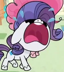 Size: 386x429 | Tagged: safe, screencap, pinkie pie, rarity, earth pony, pony, bad thing no. 3, g4.5, my little pony: pony life, crying, floppy ears, makeup, marshmelodrama, mawshot, open mouth, rarity being rarity, running makeup, solo focus, uvula, volumetric mouth