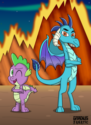 Size: 1267x1734 | Tagged: safe, artist:gradiusfanatic, princess ember, spike, dragon, g4, crossed arms, dragoness, duo, fangs, female, gradius, male, one eye closed, smiling, wink
