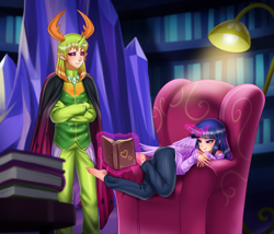 Size: 1000x855 | Tagged: safe, alternate version, artist:racoonsan, thorax, twilight sparkle, alicorn, changedling, changeling, human, g4, triple threat, barefoot, bedroom eyes, blushing, book, cape, chair, clothes, crossed arms, duo, feet, female, grin, horn, horned humanization, humanized, jeans, king thorax, lamp, levitation, lidded eyes, magic, male, on side, pants, scene interpretation, sitting, smiling, telekinesis, that pony sure does love chairs, twilight sparkle (alicorn), winged humanization, wings