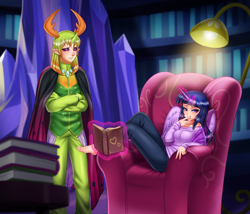 Size: 1000x855 | Tagged: safe, alternate version, artist:racoonsan, thorax, twilight sparkle, alicorn, changedling, changeling, human, g4, triple threat, barefoot, bedroom eyes, blushing, book, cape, chair, clothes, crossed arms, cute, duo, feet, female, grin, horn, horned humanization, humanized, jeans, king thorax, lamp, levitation, lidded eyes, magic, male, on side, pants, scene interpretation, sitting, smiling, telekinesis, that pony sure does love chairs, twilight sparkle (alicorn), winged humanization, wings