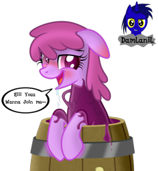 Size: 3840x4154 | Tagged: safe, artist:damlanil, berry punch, berryshine, earth pony, goo, goo pony, original species, pony, g4, alcohol, barrel, blushing, blushing profusely, bronybait, bubble, cute, drunk, female, floppy ears, happy, mare, shiny, shiny mane, show accurate, simple background, smiling, solo, symbiote, transformation, transparent background, vector, wine
