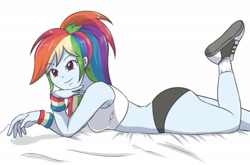 Size: 2458x1621 | Tagged: safe, artist:sumin6301, rainbow dash, equestria girls, g4, breasts, busty rainbow dash, clothes, converse, female, looking at you, open mouth, sexy, shoes, simple background, solo, sports bra, sports panties, stupid sexy rainbow dash, white background