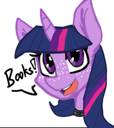 Size: 362x404 | Tagged: safe, artist:lil miss jay, color edit, edit, twilight sparkle, anthro, g4, book, bust, colored, female, freckles, smiling, solo, that pony sure does love books, tooth gap