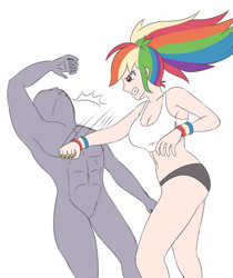 Size: 2460x2923 | Tagged: safe, artist:sumin6301 edits, color edit, edit, editor:michaelsety, rainbow dash, human, equestria girls, g4, abs, anonymous, belly button, breasts, busty rainbow dash, colored, high res, human coloration, humanized, light skin, light skin edit, looking at you, punch, simple background, white background