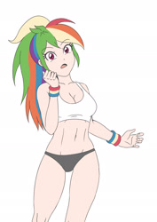 Size: 1654x2339 | Tagged: safe, artist:sumin6301, color edit, edit, editor:michaelsety, rainbow dash, equestria girls, belly button, breasts, busty rainbow dash, clothes, colored, female, human coloration, light skin, light skin edit, looking at you, open mouth, sexy, simple background, solo, sports bra, sports panties, stupid sexy rainbow dash, white background