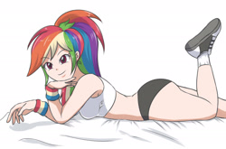 Size: 2458x1621 | Tagged: safe, artist:sumin6301, color edit, edit, editor:michaelsety, rainbow dash, equestria girls, breasts, busty rainbow dash, clothes, colored, converse, female, human coloration, light skin, light skin edit, looking at you, open mouth, sexy, shoes, simple background, solo, sports bra, sports panties, stupid sexy rainbow dash, white background