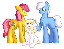 Size: 3300x2550 | Tagged: safe, artist:looooofa, oc, oc only, oc:amber roll, oc:cutie roses, oc:winter roll, earth pony, pony, earth pony oc, family, family photo, female, foal, high res, looking down, looking up, love, mare, photo, red hair, simple background, size difference, transparent background, white hair, yellow hair