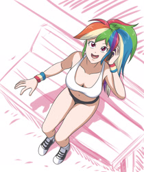 Size: 1968x2338 | Tagged: safe, artist:sumin6301 edits, color edit, edit, editor:michaelsety, rainbow dash, equestria girls, g4, adorasexy, belly button, breasts, busty rainbow dash, cleavage, colored, converse, cute, female, human coloration, light skin, light skin edit, looking at you, looking up, open mouth, sexy, shoes, simple background, sitting, solo, stupid sexy rainbow dash, white background