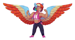 Size: 2800x1500 | Tagged: safe, artist:uunicornicc, rainbow dash, human, g4, armpit hair, belly button, clothes, colored wings, eared humanization, female, humanized, midget, midriff, multicolored wings, muscles, pants, short, simple background, smoldash, solo, sports bra, white background, winged humanization, wings