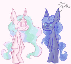 Size: 1000x900 | Tagged: safe, artist:php163, derpibooru exclusive, princess celestia, princess luna, alicorn, pony, g4, beanbrows, big ears, bipedal, chest fluff, colored sketch, ear fluff, ethereal mane, eyebrows, female, frown, galaxy mane, mare, royal sisters, signature, simple background, simple shading, sketch, smiling, starry mane