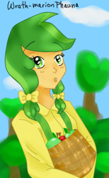 Size: 330x535 | Tagged: safe, artist:wrath-marionphauna, apple fritter, human, g4, apple, apple family member, clothes, female, food, humanized, looking at you, pigtails, shirt, solo, surprised