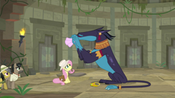 Size: 1920x1080 | Tagged: safe, screencap, ahuizotl, daring do, doctor caballeron, fluttershy, earth pony, pegasus, pony, daring doubt, g4, ascot tie, clothes, female, hat, male, mare, pith helmet, shirt, stallion
