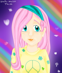 Size: 700x823 | Tagged: safe, artist:wrath-marionphauna, fluttershy, human, g4, clothes, digital art, female, headband, hippieshy, humanized, mercedes symbol mistaken for peace sign, solo, sweater