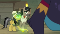 Size: 1920x1080 | Tagged: safe, screencap, ahuizotl, daring do, doctor caballeron, earth pony, pegasus, pony, daring doubt, g4, ascot tie, clothes, female, hat, male, mare, pith helmet, shirt, stallion, truth talisman