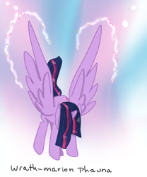 Size: 360x432 | Tagged: safe, artist:wrath-marionphauna, twilight sparkle, alicorn, pony, g4, abstract background, digital art, female, hair over face, head down, raised tail, signature, solo, tail, twilight sparkle (alicorn), wings