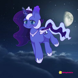Size: 1080x1080 | Tagged: safe, artist:hapinkie, oc, oc only, alicorn, pony, alternate style, cloud, crown, jewelry, magic, moon, night, regalia, solo, younger
